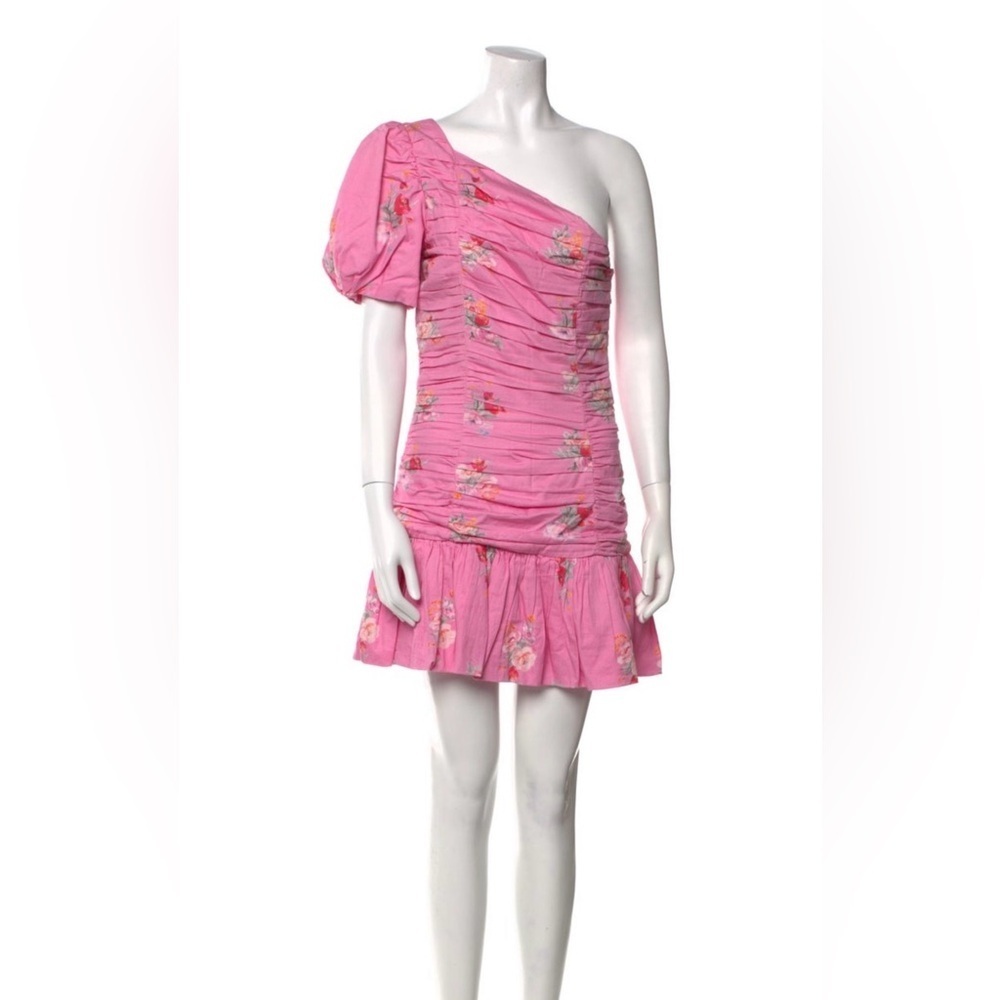 LoveShackFancy Pink Floral One Shoulder Ruched Mini Dress SZ 4 Puff Sleeve - Picture 3 of 8
